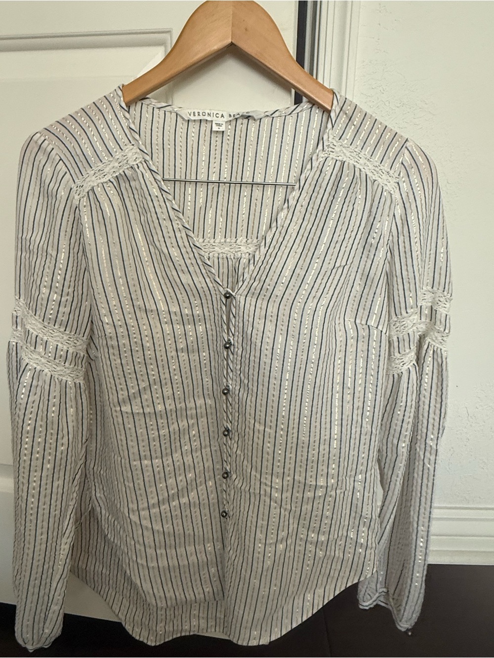 Veronica Beard Cream Striped Button-Front Blouse with Metallic Thread